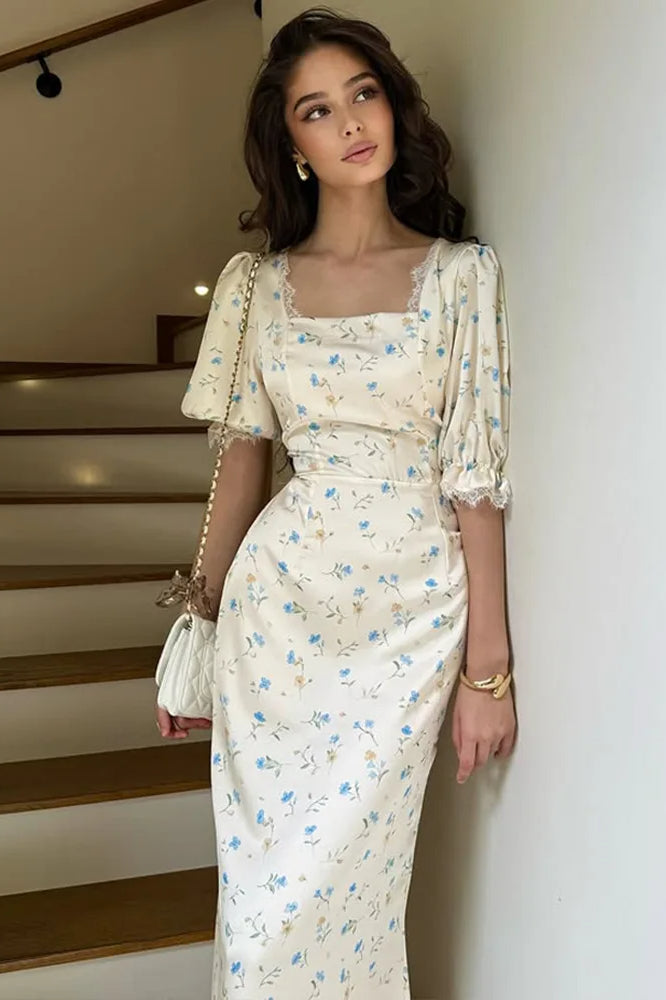 Satin Puff Sleeve Floral Dress
