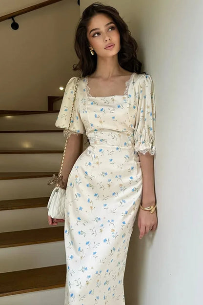 Satin Puff Sleeve Floral Dress