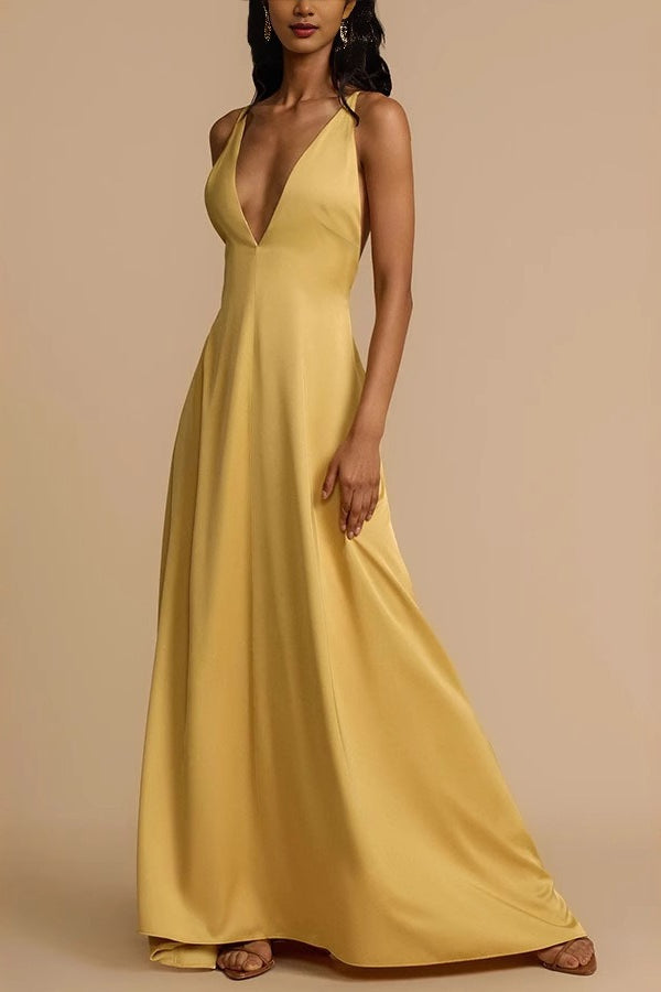 Satin Deep V Backless Maxi Sexy Silk Dress