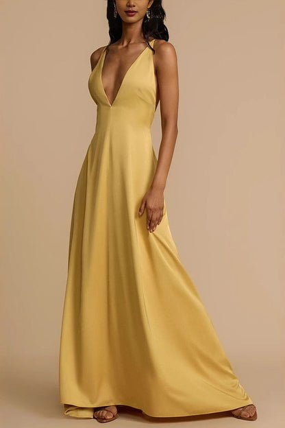 Satin Deep V Backless Maxi Sexy Silk Dress