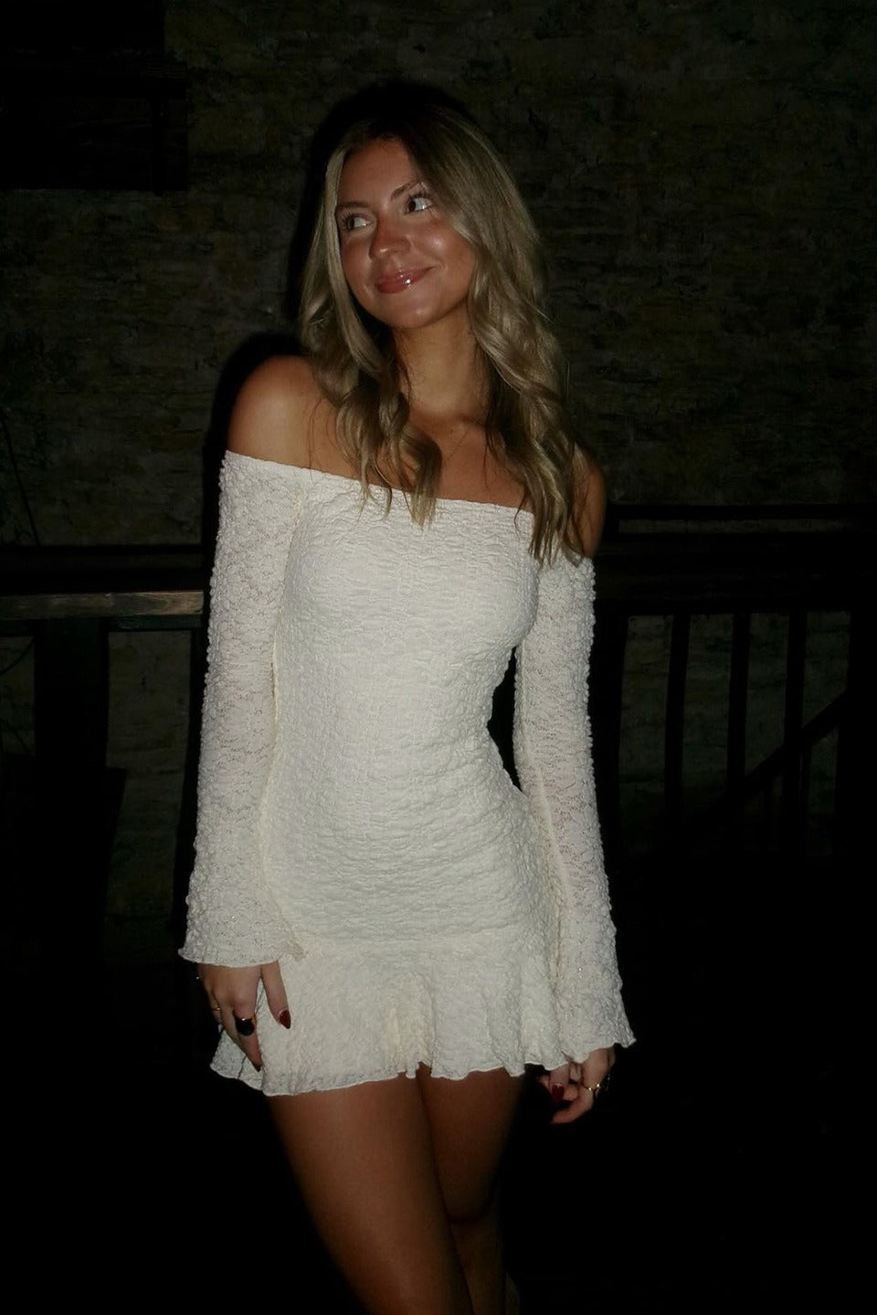 Hollow Out Off Shoulder Pleated Lace Dress