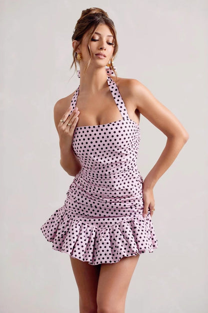 Polka Dot Halter Low Back Birthday Dress