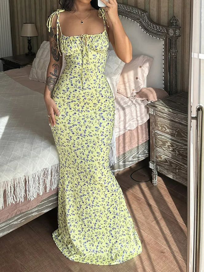 Sleeveless Lace Up Backless Floral Dress