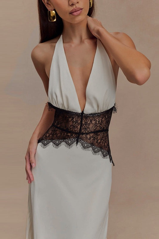 Sexy V Neck Backless Lace Dress