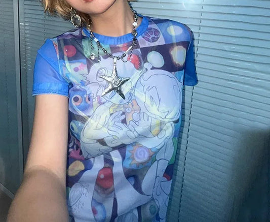 Japanese Y2k Anime Print Sheer Top