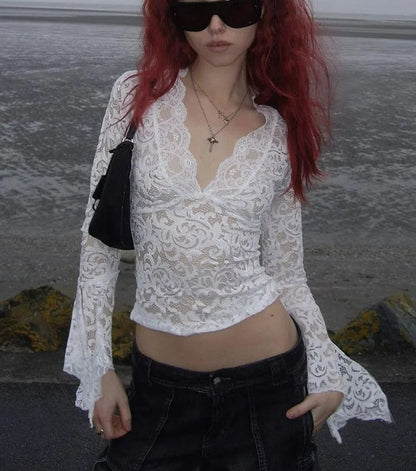 Lace Hook Flower Hollow Mesh Sheer Top