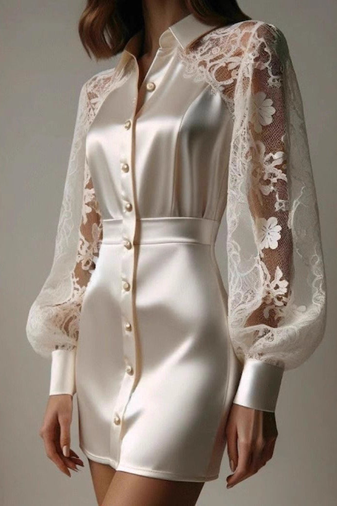 Collared Lace-Satin Waist-Cinched Sexy Shirt Mini Silk Dress