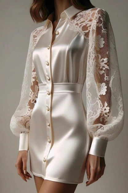 Collared Lace-Satin Waist-Cinched Sexy Shirt Mini Silk Dress