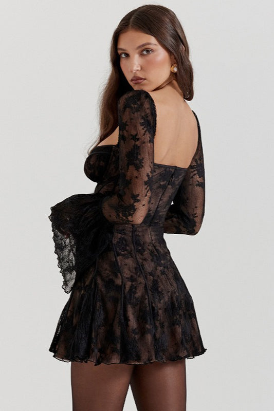 Tie Waist Bell Sleeve A Line Lace Dress