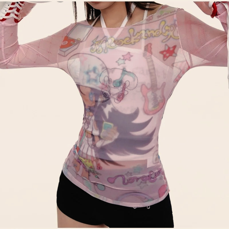 Y2K Patchwork Mesh Long Sleeve Sheer Top