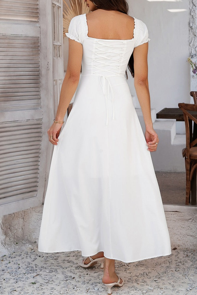 Ruched Puff Sleeve Maxi Work Dress