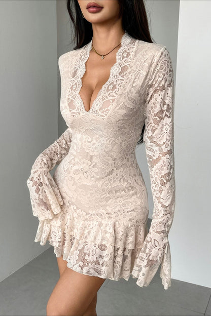 Sexy V Neck Ruffled Lace Dress