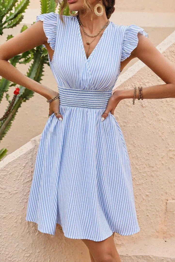 Striped Butterfly Sleeve Mini Dress