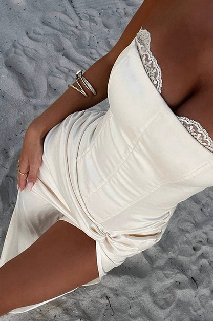 Sexy Solid Satin Strapless Ruched High Slit Formal Dress