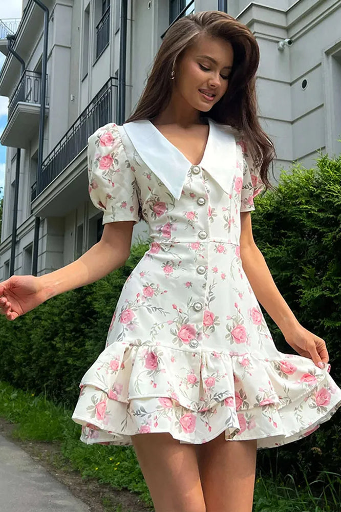 Lapel Short Sleeve Mini Floral Dress