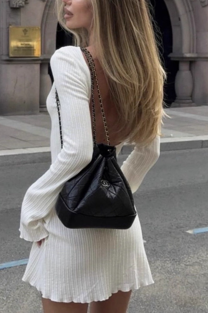 Sexy Bell Sleeve Backless Solid Knit Fitted High Waist Mini Sweater Dress