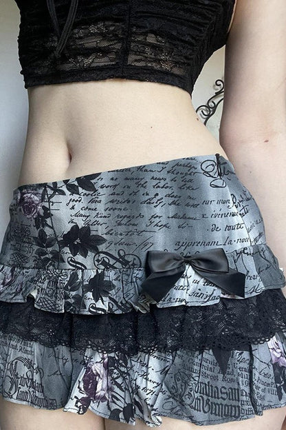 Halloween Gothic Lace Trim Low Waist Ruffled Mini Skirt