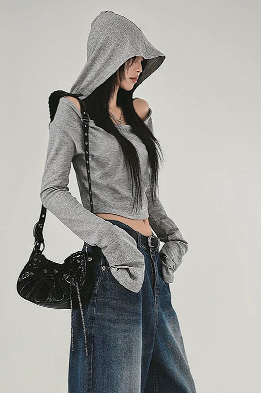 Grey Off-Shoulder Hoodie