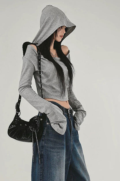 Grey Off-Shoulder Hoodie