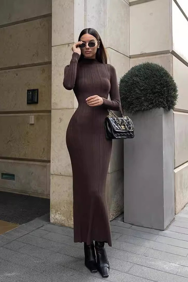 Turtleneck Striped Knit Slim-Fit Long Sleeve Sweater Dress