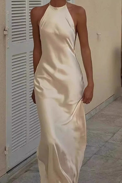 Sexy Backless Halter Camisole Satin Like Formal Dress