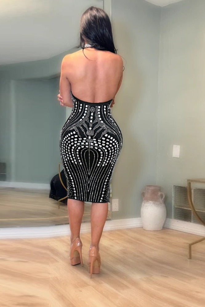 Backless Sleeveless Rhinestone Mesh Milk Silk Cocktail Dress