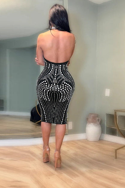 Backless Sleeveless Rhinestone Mesh Milk Silk Cocktail Dress