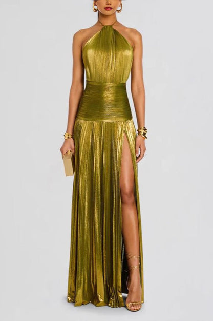 Metallic Pleated Slit Tie Halter Sleeveless Formal Dress