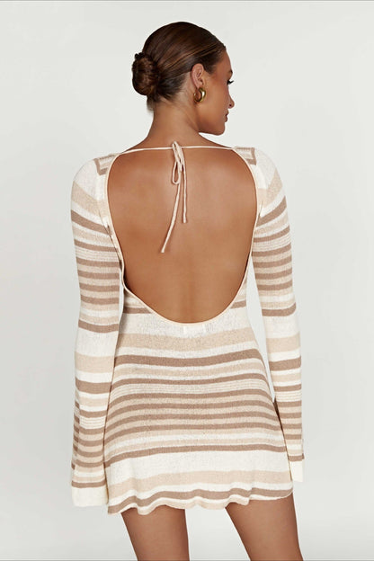 Striped Color-Block Knit Bell-Sleeve Backless Sweater Dress