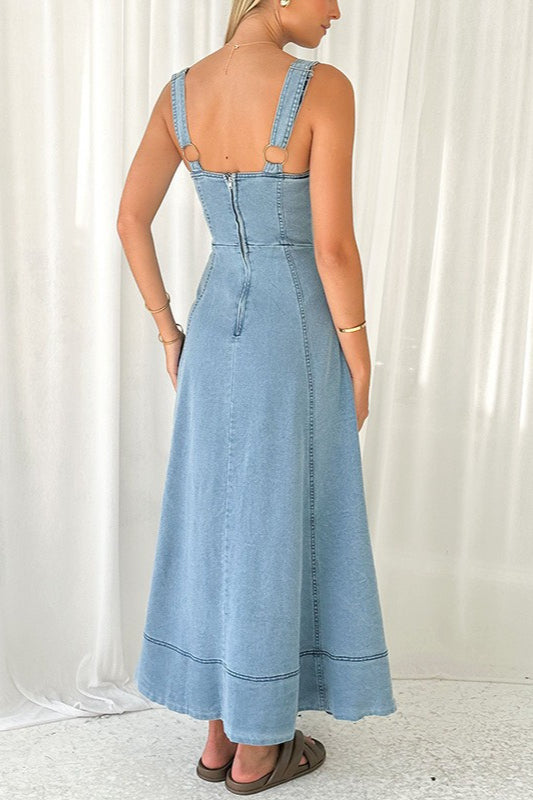 Strappy Backless Maxi Denim Dress