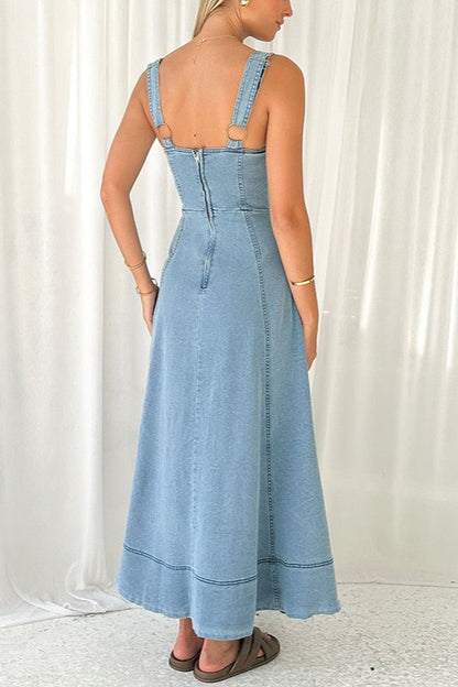 Strappy Backless Maxi Denim Dress