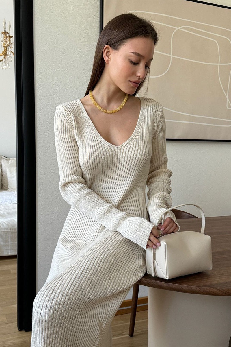 Solid Color Long-Sleeve Fitted Bodycon Knit Dress