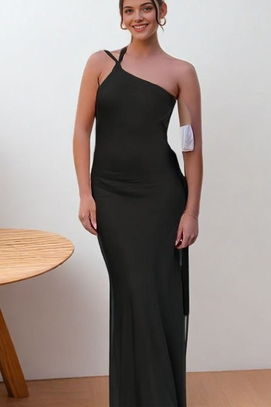 Elegant Asymmetrical Shoulder Slim Satin Party Formal Dress