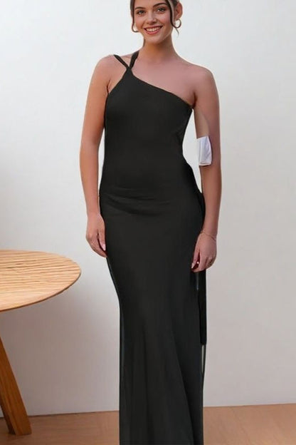 Elegant Asymmetrical Shoulder Slim Satin Party Formal Dress