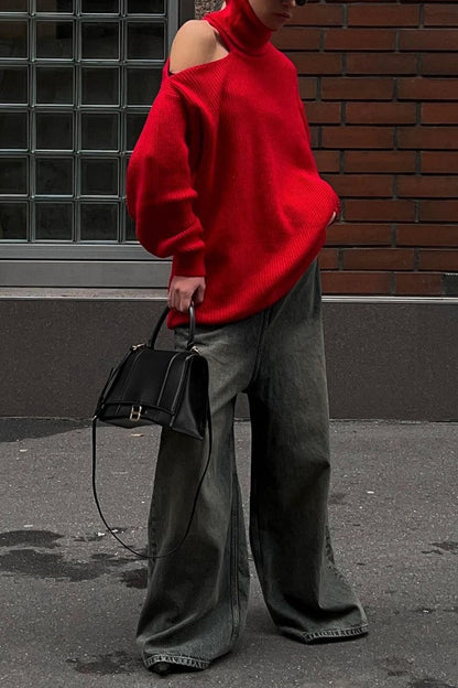 Turtleneck Cold Shoulder Knit Sweater