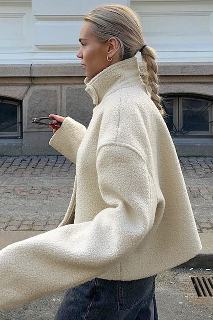 Faux Shearling Stand Collar Cropped Coat