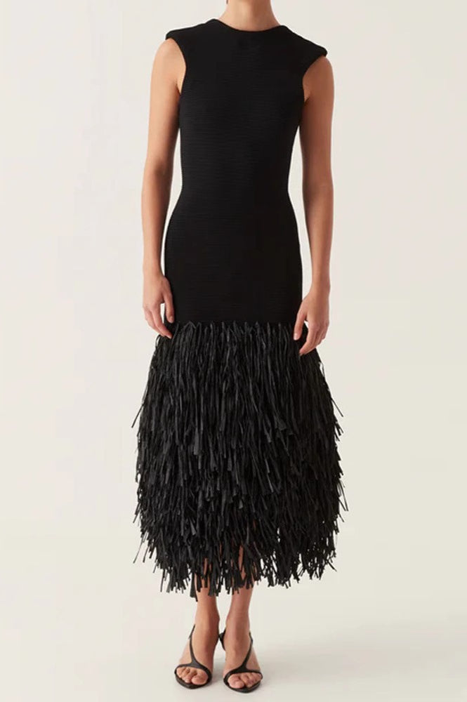 Solid Raffia Panel Knit Midi Chic Cocktail Dress