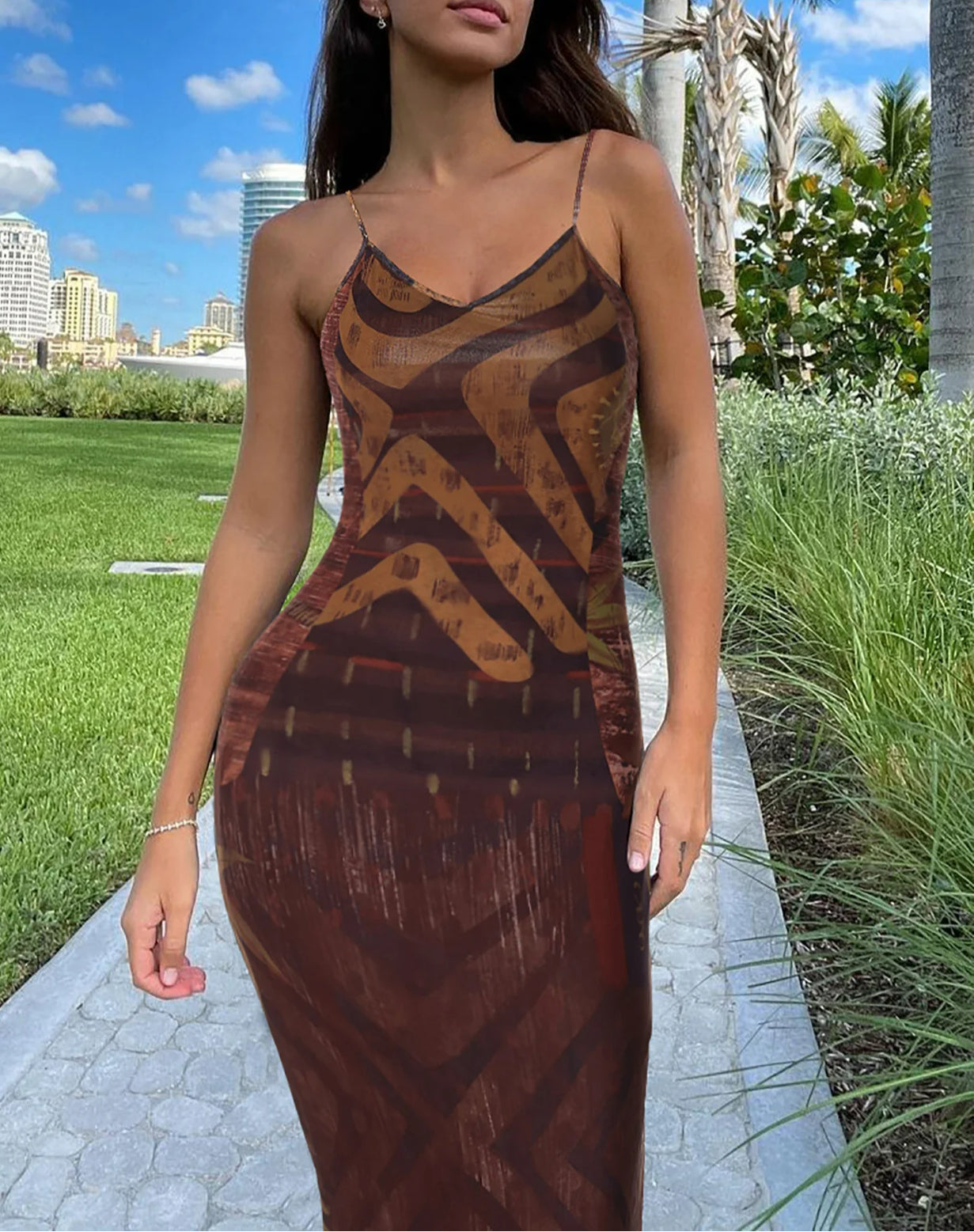 Printed Backless Strap Midi Dress