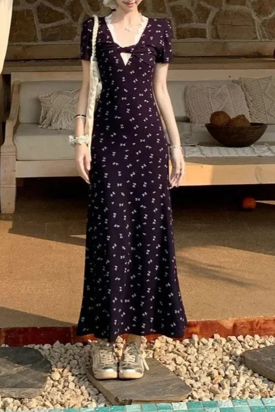 V-neck Waist-cinching Slim Floral Dress