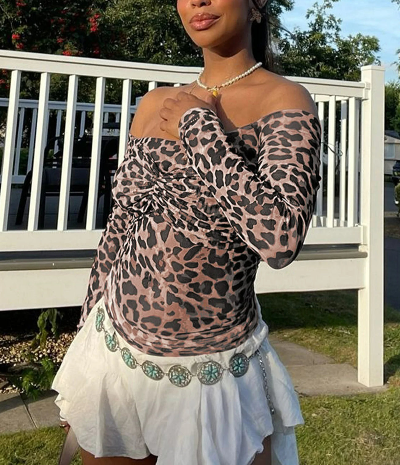 Leopard Off Shoulder Mesh Sheer Top