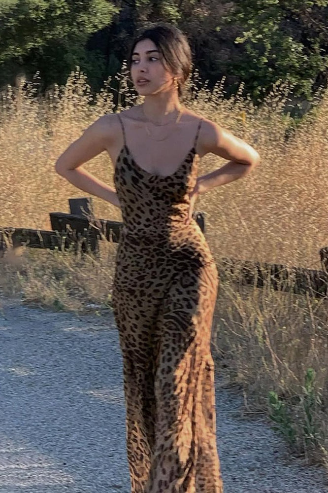 Leopard Print Backless Bodycon Maxi Dress