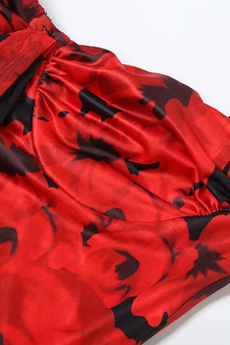 Ruched Low-Neck Floral Dress