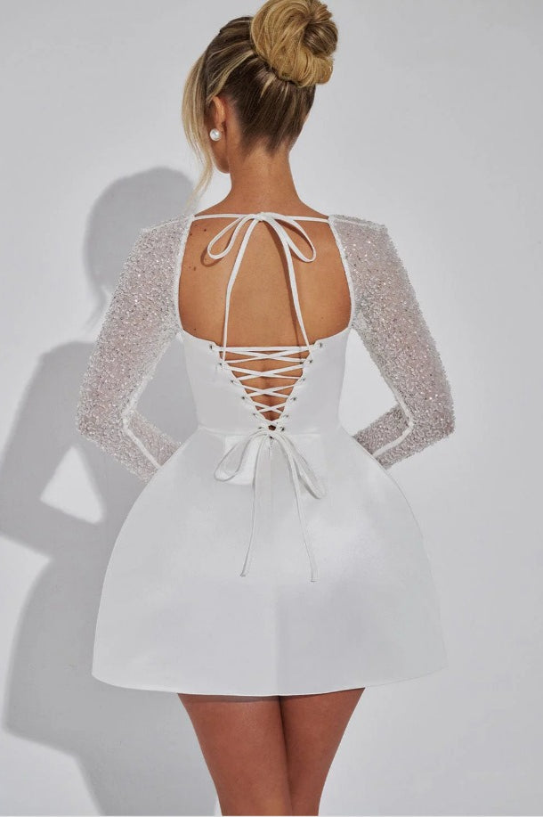 Sexy Plunging Solid Square Neck Lace Panel Long Sleeve Cocktail Dress