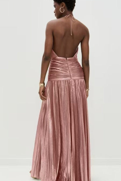 Metallic Pleated Slit Tie Halter Sleeveless Formal Dress