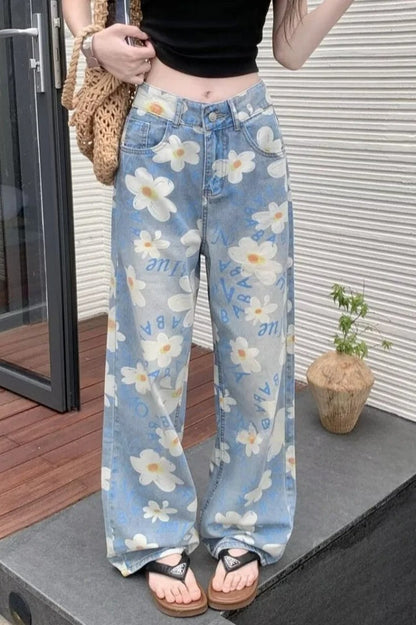 Floral Print Baggy Denim Jeans