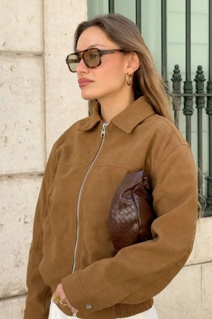Suede Zip Up Bomber Jacket