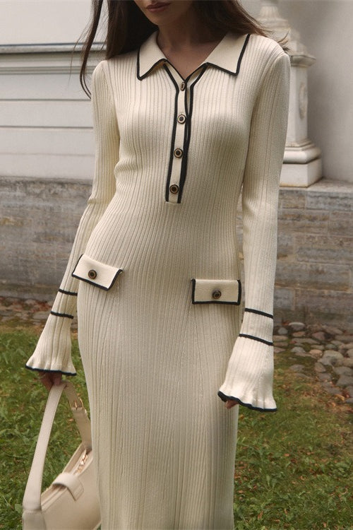Chic Ruffled Collar Slim-Fit Knit Midi Sweater Dress