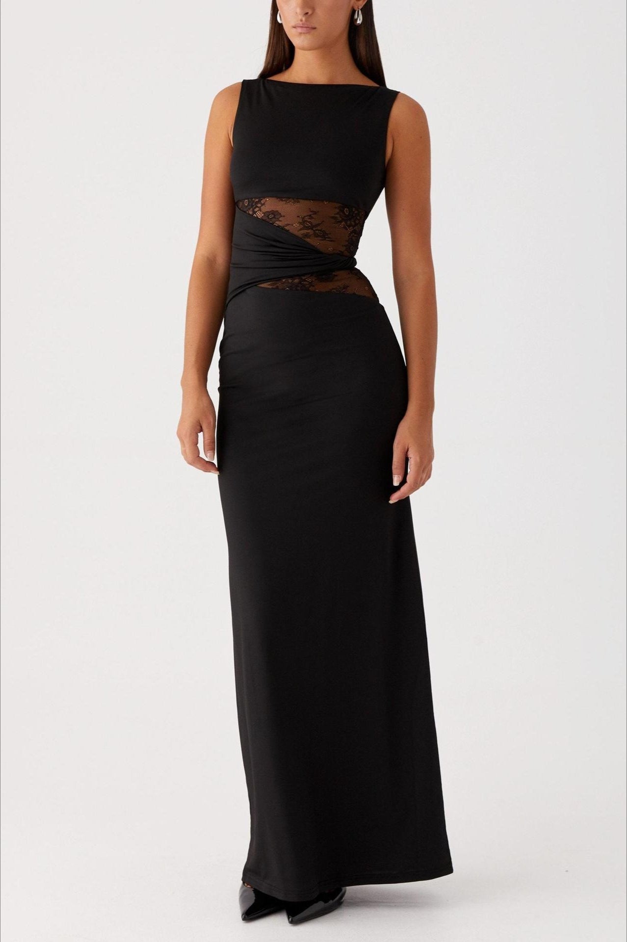 Slim Sheer Lace Paneled Maxi Lace Dress