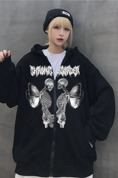 Skull Butterfly Rhinestone Zip Hoodie
