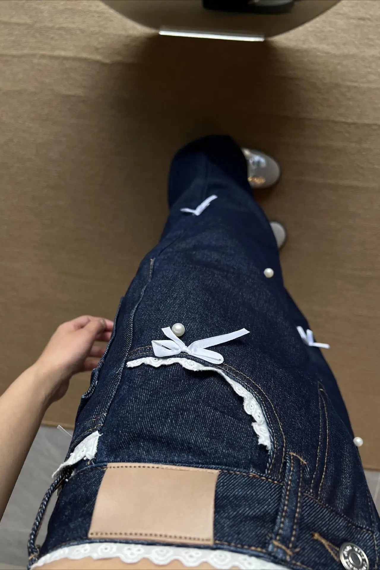 Style Lace Butterfly Knot Wide Leg Jeans